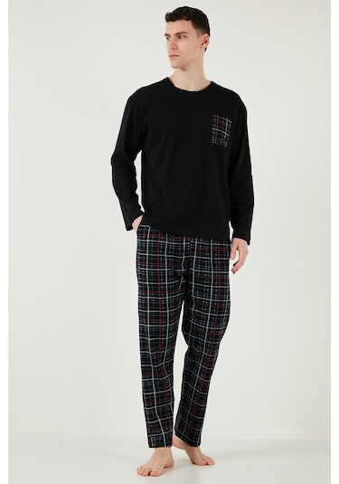 Buratti Ekoseli Cepli Beli Lastikli % 100 Pamuk Regular Fit Erkek Pijama Takımı 6572001 Siyah-Füme