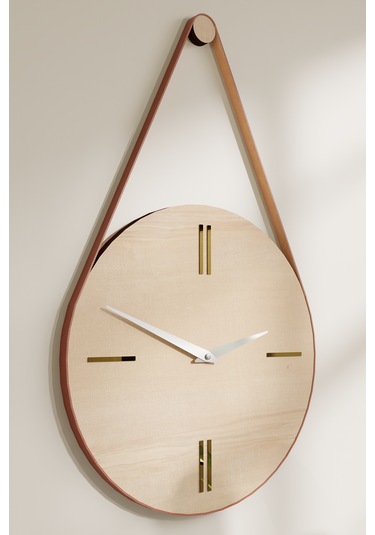 Dekoratif Deri Askılı Ahşap Duvar Saati Naturel