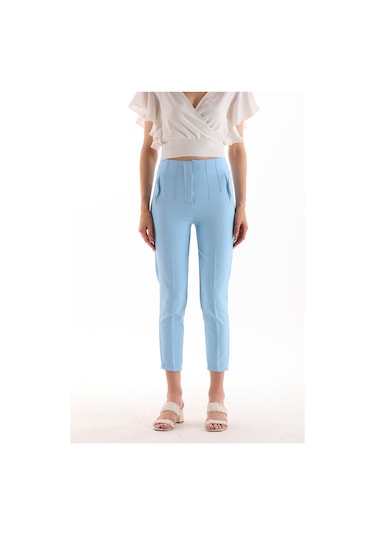 Yüksek Bel Pileli Filota Cep Görünümlü Dabıl Kumaş Pantolon Mavi