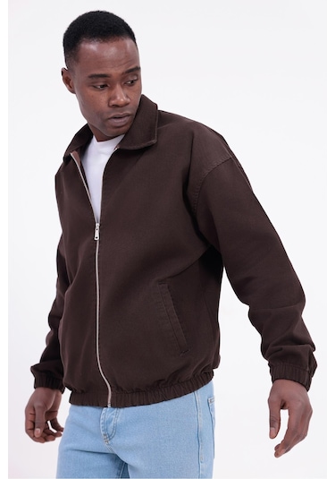 Freemen Erkek Basic Gabardin Kumaş Fermuarlı Oversize Mevsimlik Polo Yaka Ceket Kiremit