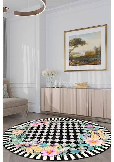 Zeminde Bir Bahçe Doğayla Geometrinin Buluştuğu Nokta Dekoratif Kaymaz Taban Yuvarlak Halı Siyah - Beyaz