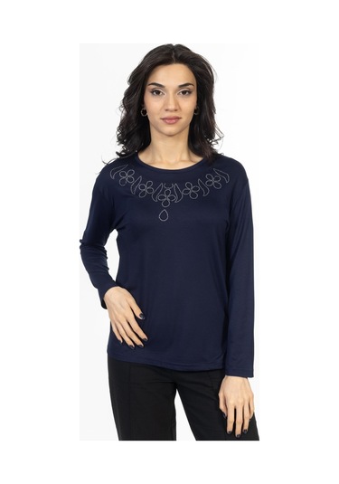 Yeni Model Taş İşlemeli Yuvarlak Yaka Likralı Anne Penye Bluz 6435-lacivert Lacivert