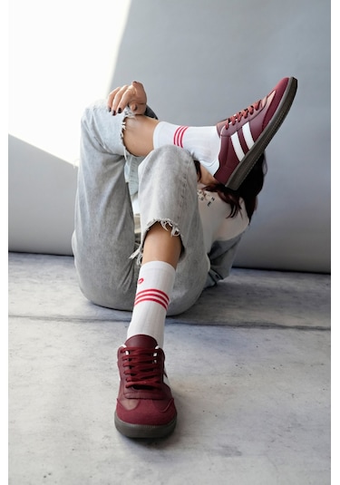 Muggo Gordon Unisex Ortopedik Günlük Garantili Bağcıklı Yürüyüş Koşu Sneaker Spor Ayakkabı Bordo