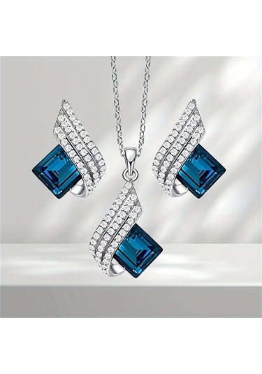 Lüks Mavi Melek Kanatları Kolye Seti Gümüş Kaplama Gümüş