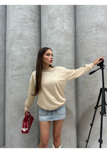 Düz Renk Kadın Sweatshirt Krem