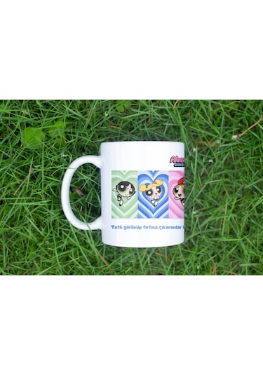Powerpuff Girls Tatlı Görünüp Fırtına Çıkaranlar Kulübü Yazılı Kupa Bardak - Renkli Kız Arkadaş Grup Beyaz