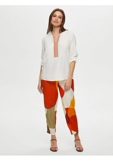 Faik Sönmez Yakası Nakışlı 3/4 Kol Ketenli Kadın Bluz Us25blz020 Ekru