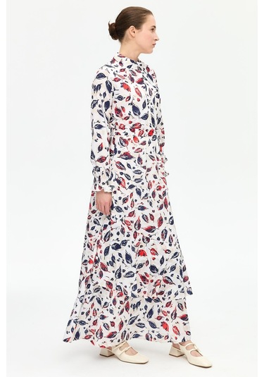 Yaprak Desenli Empirime Elbise Lacivert