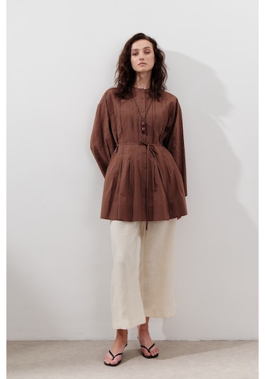 Nervürlü Geniş Kollu Tunik Sıcak Kahve Sıcak Kahve