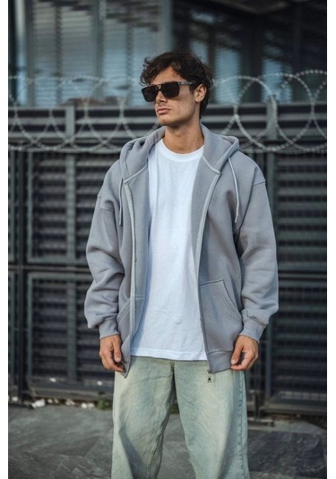 Efnaz Style Oversize Tam Fermuarlı Uzun Kol Hırka - Gri