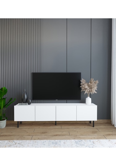 Minimalist 160 Cm Demir Ayaklı Modern Tasarım Beyaz TV Ünitesi