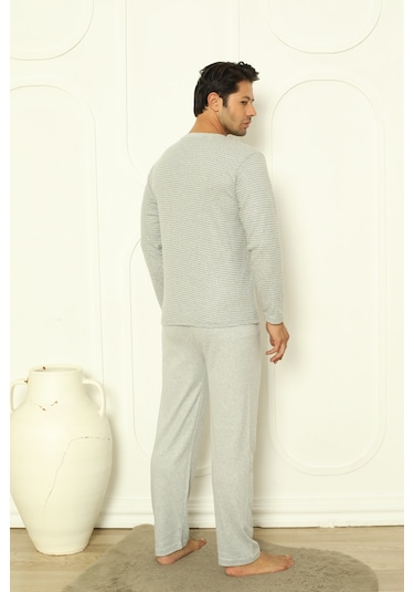 Falkom 5004 İnterlok Kalın Kışlık Çizgili Erkek Ev Pijama Takımı Gri