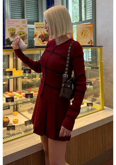 Madmext Bordo Çizgili Kadın Triko Hırka Mg2481 Bordo