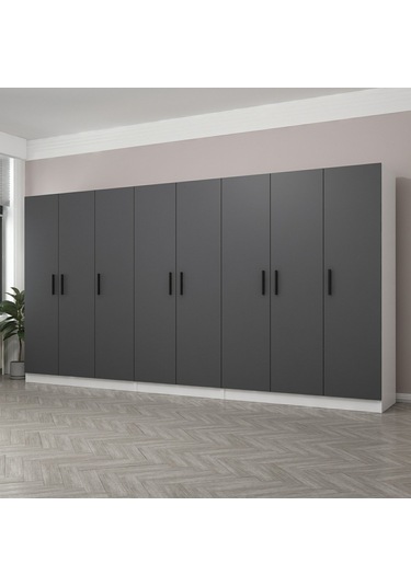 Minar Kale 8 Kapaklı 4 Çekmeceli Dolap Beyaz Antrasit 190cm Çok Renkli