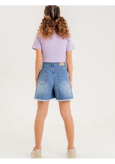 Kız Çocuk Kalp İşlemeli Denim Şort-13912 Mavi