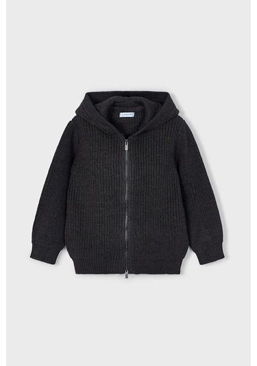 Erkek Çocuk Kapüşonlu Fermuarlı Triko Hırka - Antrasit KREM