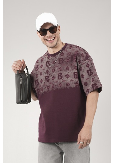 King-Brich Oversize Kalıp Logo Baskılı Bisiklet Yaka Basic Tişört Bordo