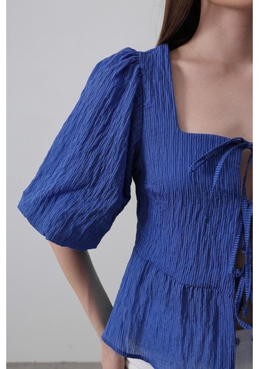 Sensuelle Kare Yaka Balon Kol Bluz - Mavi Mavi