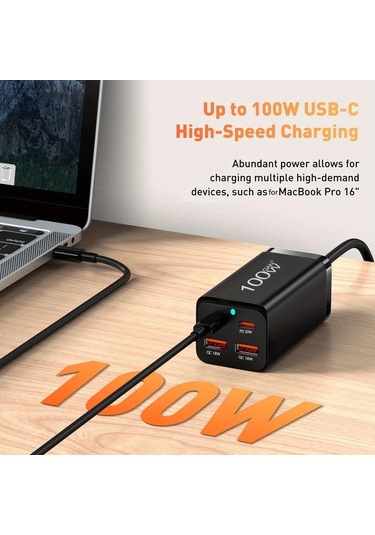 Motion003 100w Galiyum Nitrür Pd Şarj Cihazı Siyah 2 Usb-a 2 Tip-c Masaüstü Şarj Aleti 100w Çok Fonksiyonlu Pd Adaptörü Ab Fişli