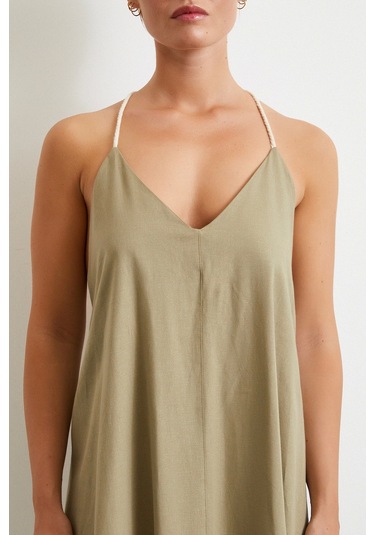 İp Askılı Keten Elbise Haki Haki