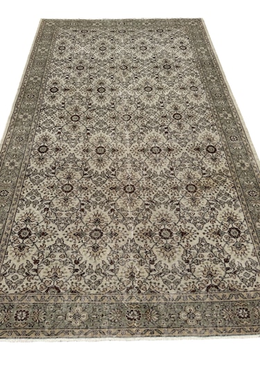 El Dokuma Vintage Isparta Halısı 202x335 Krem Kahve Eskitme Halı Kahverengi - Krem