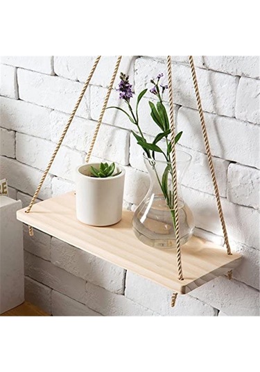 Beyaz Ahşap Salıncak Asılı Halat Duvara Monte Yüzer Raflar
