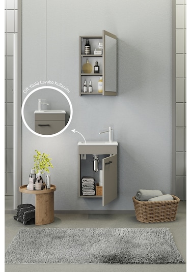 Biani Fix Loft Mini 42 Cm Banyo Dolabı,Seramik Lavabolu, Aynalı,Lavabo Dahil,Mdf,Latte