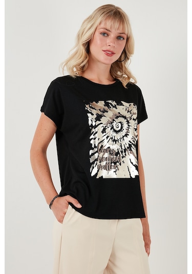 Lela Baskılı Bisiklet Yaka Regular Fit Bayan T Shirt 6671001 Siyah