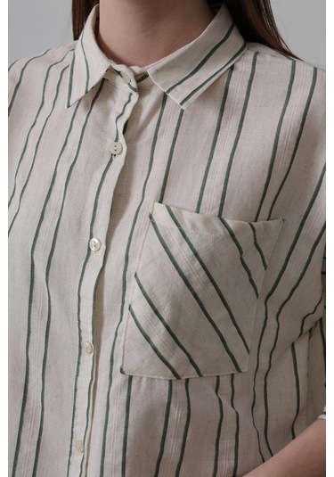 Çizgili Kısa Gömlek - Bej-yeşil Karışık