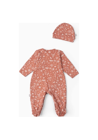 Boumini Bebek Patikli Tulum Şapka Set Bahar Çiçekli Kiremit-kiremit Kiremit