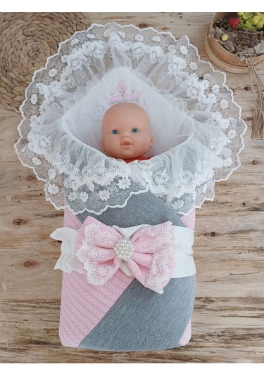 Yenidoğan Teri Cotton Taç Nakışlı Prizma Taş Kundak Bebek Battaniyesi Pembe Pembe