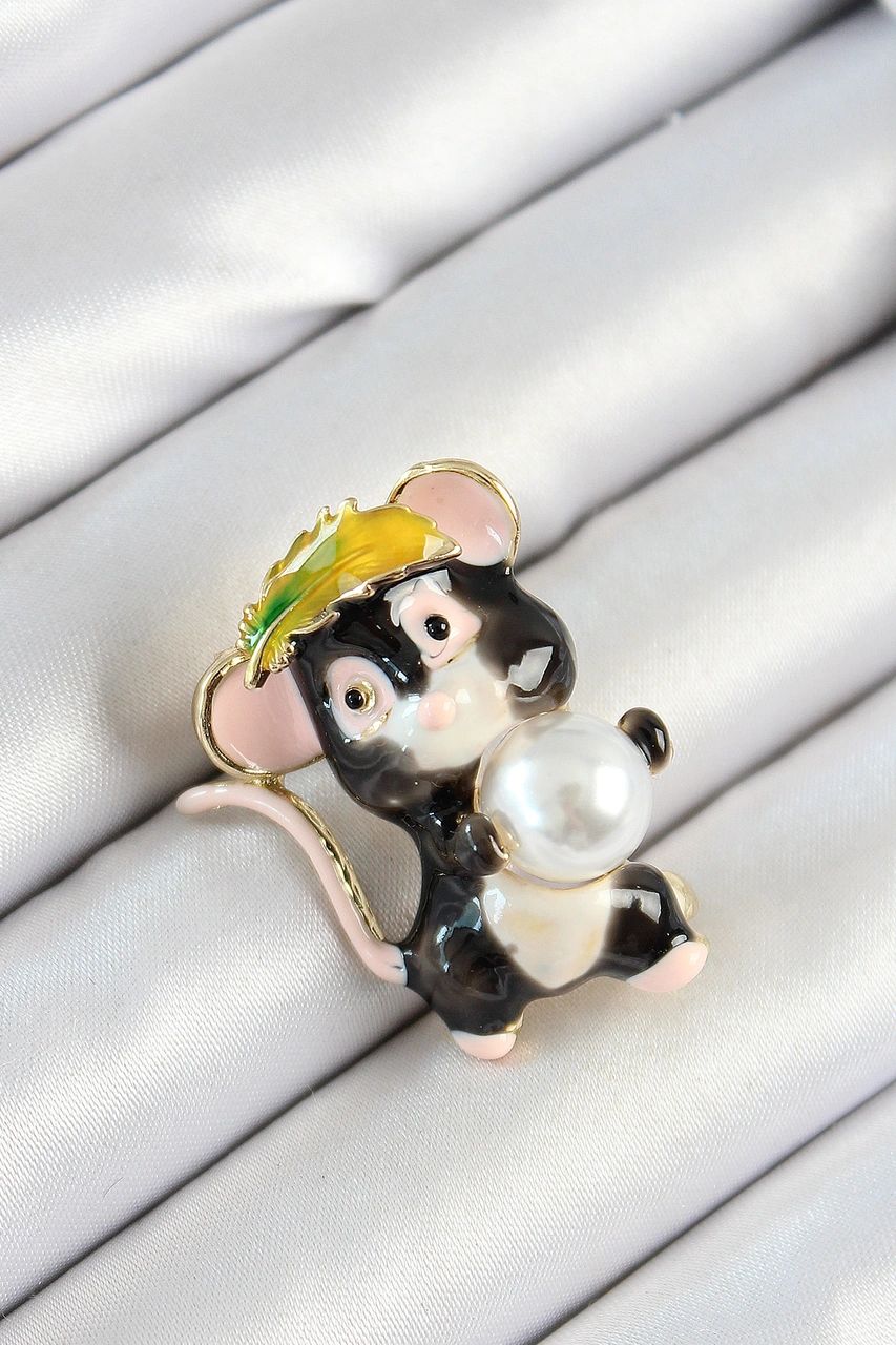 İnci Detaylı Siyah Ve Pembe 3d Sevimli Fare Figürlü Gold Renk Ka Renkli
