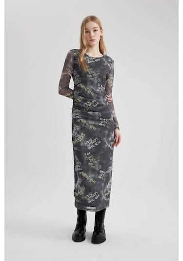 DeFacto Coool Bodycon Desenli Tül Uzun Kollu Maxi Elbise C1891AX24SPGR452