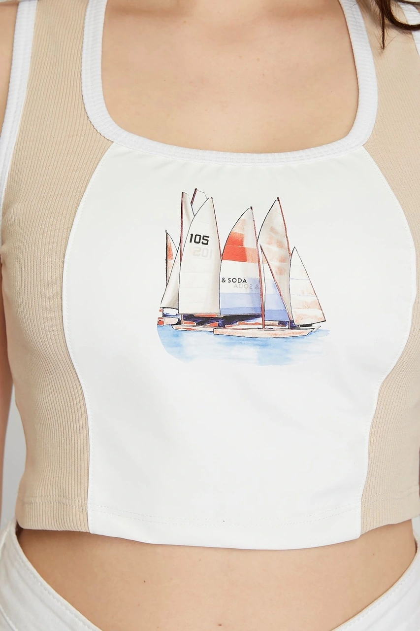 Kadın Deri Crop Ribana Kaşkorse Likralı Deri Garnili Baskılı Crop Büstiyer Deri Üzeri Baskılı Crop Bej