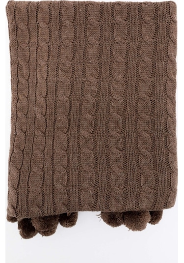 Biocotton Triko Ponponlu Örgü Tv Battaniyesi - Kahverengi
