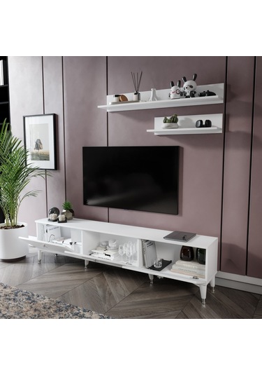 Simple Modern 180 Cm Smp18033 Tv Ünitesi 2 Raflı Beyaz Gümüş Beyaz - Gümüş