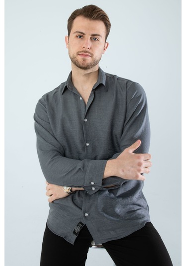 Rahat Kesim Keten Dokulu Gömlek Füme