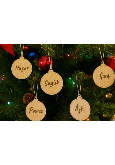 Yılbaşı Ağacı Süsleri Güzel Dilekler 5li Set Ahşap Yeni Yıl Süsleri 5 Adet