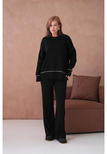 Kadın Bisiklet Yak Adüşük Kol Kazak Fitilli Pantolon İkili Triko Takım Siyah