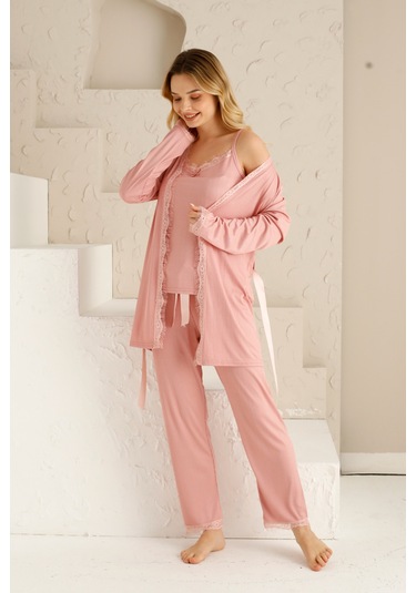 Sabahlıklı Dantel Detaylı Pegasus Kadın Pijama Takımı-çeyizlik Takım- Geniş Beden Aralığı Pudra