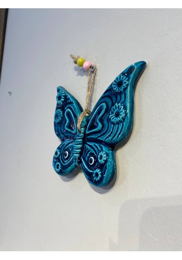 El Yapımı Nazar Boncuğu, Duvar Dekorasyon Ürünü, Seramik, El İşçiliği, Turkuaz Renkte Kelebek Desenli -