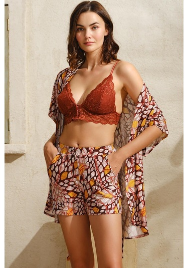 Anıl 5759 İp Askılı V Yaka Kadın Pamuklu Geometrik Yazlık Mini Dantel Detaylı Şort Sabahlık 001