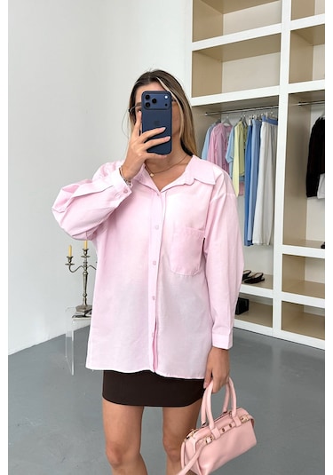 Jee Lee Kadın Uzun Kollu Tek Cepli Salaş Gömlek Pembe - 26y 2131 Pembe