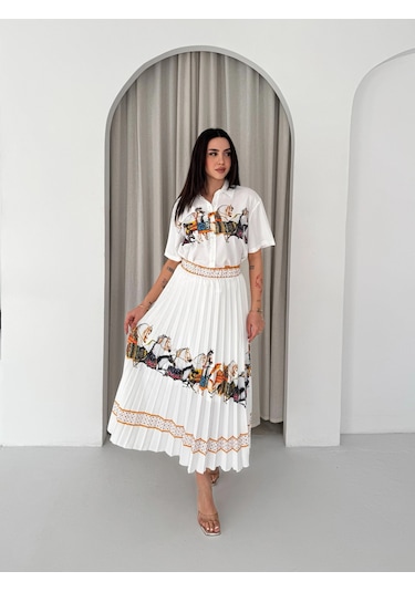 Asprinfashion Plise Etekli Baskılı Bayan Gömlek Etek Takım Beyaz