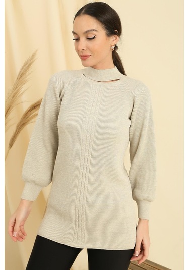 Boyun Dekolteli Saç Örgülü Desen Büyük Beden Spor Tunik Kazak-35294 - Bej