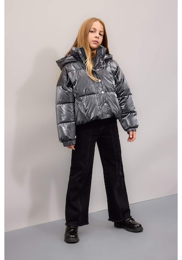 DeFacto Kız Çocuk Su İtici Kapüşonlu Fermuarlı Çıtçıt Kapamalı Mont C5765A824WNGR266 Gri