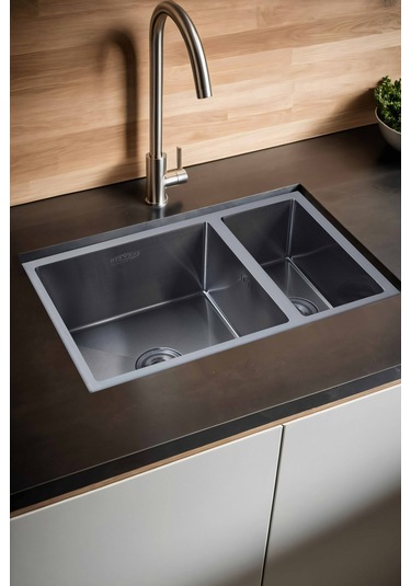 Uka Serisi %100 Krom 70x45 Paslanmaz Mutfak Eviyesi, Mutfak Lavabosu Sifon Dahil Siyah