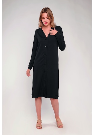 Gabria Ön Düğmeli Seul Uzun Hırka Siyah