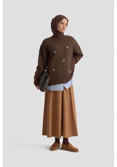 Armine Nakışlı Oversize Kazak 25kd6015 Acı Kahve Acı Kahve