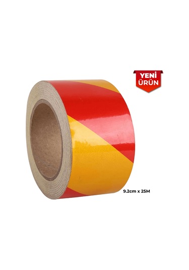 Reflektif Fosforlu Çapraz Şerit Bant, Çift Renk Reflekte İkaz Bandı 9.2cm X 25m - Sarı Kırmızı 6107